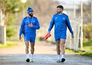 28 December 2023; Jamison Gibson-Park, left, and Hugo Keenan before a Leinster rugby squad training session at UCD in Dublin. Photo by Eóin Noonan/Sportsfile