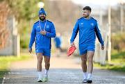 28 December 2023; Jamison Gibson-Park, left, and Hugo Keenan before a Leinster rugby squad training session at UCD in Dublin. Photo by Eóin Noonan/Sportsfile