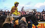 28 December 2023; Jockey Paul Townend celebrates with owner Audrey Turley after riding Galopin Des Champs to win the Savills Steeplechase on day three of the Leopardstown Christmas Festival at Leopardstown Racecourse in Dublin. Photo by Harry Murphy/Sportsfile