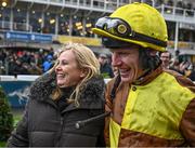 28 December 2023; Winning owner Audrey Turley with jockey Paul Townend after sending out Galopin Des Champs to win the Savills Steeplechase on day three of the Leopardstown Christmas Festival at Leopardstown Racecourse in Dublin. Photo by Harry Murphy/Sportsfile