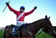 29 December 2023; Jockey Paul Townend celebrates on Grangeclare West after winning the Neville Hotels Novice Steeplechase on day four of the Leopardstown Christmas Festival at Leopardstown Racecourse in Dublin. Photo by Harry Murphy/Sportsfile