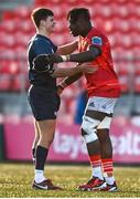 29 December 2023; Tom Larke of Ireland with Sean Edogbo of Munster after the Challenge Match between Ireland U20 and Munster Development XV at Musgrave Park in Cork. Photo by Eóin Noonan/Sportsfile