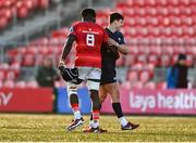 29 December 2023; Tom Larke of Ireland with Sean Edogbo of Munster after the Challenge Match between Ireland U20 and Munster Development XV at Musgrave Park in Cork. Photo by Eóin Noonan/Sportsfile