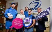 3 January 2024; In attendance are, from left, Leinster Rugby senior men's player Jack Conan, Meath Women's Refuge and Support Services chief executive Sinead Smith, Leinster Rugby senior men's player Robbie Henshaw, Leinster Rugby senior women's player Aimee Clarke, and DigitalWell chief executive Ross Murray, during a Leinster Rugby, Meath Women’s Refuge and DigitalWell photocall at Leinster HQ in Dublin. Photo by Seb Daly/Sportsfile