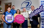 3 January 2024; In attendance are, from left, Leinster Rugby senior women's player Aimee Clarke, Leinster Rugby senior men's player Robbie Henshaw, Meath Women's Refuge and Support Services fundraising and communications manager Frances Haworth, Meath Women's Refuge and Support Services chief executive Sinead Smith, and DigitalWell chief executive Ross Murray, during a Leinster Rugby, Meath Women’s Refuge and DigitalWell photocall at Leinster HQ in Dublin. Photo by Seb Daly/Sportsfile