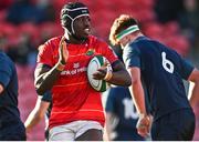 29 December 2023; Sean Edogbo of Munster reacts during the Challenge Match between Ireland U20 and Munster Development XV at Musgrave Park in Cork. Photo by Eóin Noonan/Sportsfile