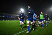 1 January 2024; Leinster captain Caelan Doris leads his team in the warm-up before the United Rugby Championship match between Leinster and Ulster at RDS Arena in Dublin. Photo by Harry Murphy/Sportsfile Photo by Harry Murphy/Sportsfile