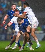 1 January 2024; Robert Baloucoune of Ulster is tackled by Rob Russell of Leinster during the United Rugby Championship match between Leinster and Ulster at RDS Arena in Dublin. Photo by Ramsey Cardy/Sportsfile