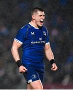 1 January 2024; Dan Sheehan of Leinster celebrates his side winning a penalty during the United Rugby Championship match between Leinster and Ulster at RDS Arena in Dublin. Photo by Ramsey Cardy/Sportsfile