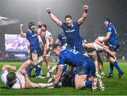 1 January 2024; Leinster players Dan Sheehan and Joe McCarthy celebrate a try, which was subsequently disallowed, during the United Rugby Championship match between Leinster and Ulster at RDS Arena in Dublin. Photo by Ramsey Cardy/Sportsfile