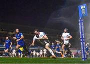 1 January 2024; Jacob Stockdale of Ulster on his way to scoring his side's second try during the United Rugby Championship match between Leinster and Ulster at RDS Arena in Dublin. Photo by Harry Murphy/Sportsfile