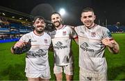 1 January 2024; Ulster players, from left, Tom O'Toole, Stuart McCloskey and Nick Timoney after their victory in the United Rugby Championship match between Leinster and Ulster at RDS Arena in Dublin. Photo by Ramsey Cardy/Sportsfile