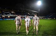 1 January 2024; Ulster players, from left, Dave Ewers, Rob Herring and Kieran Treadwell after the United Rugby Championship match between Leinster and Ulster at RDS Arena in Dublin. Photo by Ramsey Cardy/Sportsfile