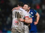 1 January 2024; John Cooney of Ulster, right, and Jacob Stockdale after his side's victory in the United Rugby Championship match between Leinster and Ulster at RDS Arena in Dublin. Photo by Harry Murphy/Sportsfile