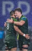 1 January 2024; Connacht players Cian Prendergast, right, and Jarrad Butler after their side's victory in during the United Rugby Championship match between Connacht and Munster at The Sportsground in Galway. Photo by Seb Daly/Sportsfile