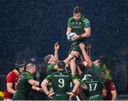 1 January 2024; Cian Prendergast of Connacht takes possession in a lineout during the United Rugby Championship match between Connacht and Munster at The Sportsground in Galway. Photo by Seb Daly/Sportsfile
