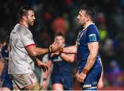 1 January 2024; Alan O'Connor of Ulster and Jack Conan of Leinster shake hands after the United Rugby Championship match between Leinster and Ulster at RDS Arena in Dublin. Photo by Harry Murphy/Sportsfile