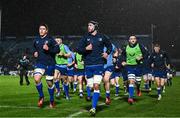 1 January 2024; Leinster captain Caelan Doris leads his teammates in the warmup before the United Rugby Championship match between Leinster and Ulster at RDS Arena in Dublin. Photo by Harry Murphy/Sportsfile