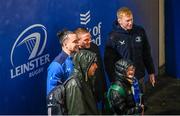 1 January 2024; Leinster players Scott Penny, Jamie Osborne and James Lowe in Autograph Alley before the United Rugby Championship match between Leinster and Ulster at the RDS Arena in Dublin. Photo by Ramsey Cardy/Sportsfile