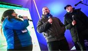 1 January 2024; Leinster players Andrew Porter and Garry Ringrose, in conversation with OLSC President Bebhinn Dunne, in the fanzone before the United Rugby Championship match between Leinster and Ulster at the RDS Arena in Dublin. Photo by Ramsey Cardy/Sportsfile