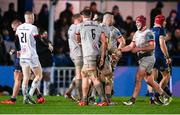 1 January 2024; Ulster players celebrate after the United Rugby Championship match between Leinster and Ulster at RDS Arena in Dublin. Photo by Ramsey Cardy/Sportsfile