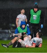 1 January 2024; Iain Henderson of Ulster is treated for an injury during the United Rugby Championship match between Leinster and Ulster at RDS Arena in Dublin. Photo by Ramsey Cardy/Sportsfile