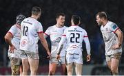 1 January 2024; Billy Burns, speaks to the Ulster backs, from left, Luke Marshall, Stuart McCloskey, Mike Lowry and Will Addison during the United Rugby Championship match between Leinster and Ulster at RDS Arena in Dublin. Photo by Ramsey Cardy/Sportsfile
