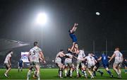 1 January 2024; Ryan Baird of Leinster wins possession in the lineout during the United Rugby Championship match between Leinster and Ulster at RDS Arena in Dublin. Photo by Ramsey Cardy/Sportsfile