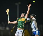 2 January 2024; Brandon Barrett of Kerry in action against Brian Looby of Waterford during the Co-Op Superstores Munster Hurling League Group B match between Kerry and Waterford at Austin Stack Park in Tralee, Kerry. Photo by Brendan Moran/Sportsfile