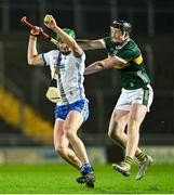 2 January 2024; Michael Kiely of Waterford in action against Killian Hayes of Kerry during the Co-Op Superstores Munster Hurling League Group B match between Kerry and Waterford at Austin Stack Park in Tralee, Kerry. Photo by Brendan Moran/Sportsfile