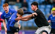 3 January 2024; Bruno McCann of North Midlands is tackled by Harry Heagney of Metro during the BearingPoint Shane Horgan Cup Round 2 match between Metro and North Midlands at Energia Park in Dublin. Photo by Ben McShane/Sportsfile