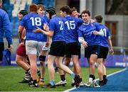 3 January 2024; Daniel Gill of North Midlands, second from right, celebrates with teammates after scoring their side's third try, to tie the game, during the BearingPoint Shane Horgan Cup Round 2 match between Metro and North Midlands at Energia Park in Dublin. Photo by Ben McShane/Sportsfile