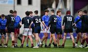 3 January 2024; Players of both sides shake hands after their drawn BearingPoint Shane Horgan Cup Round 2 match between Metro and North Midlands at Energia Park in Dublin. Photo by Ben McShane/Sportsfile