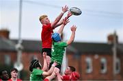 3 January 2024; Liam Riley of North East and Philip Murphy of South East Area contest possession of a lineout during the BearingPoint Shane Horgan Cup Round 3 match between South East and North East at Energia Park in Dublin. Photo by Ben McShane/Sportsfile