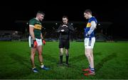 3 January 2024; Referee James Regan performs the coin toss in the company of team captains Graham O'Sullivan of Kerry, left, and Paudie Feehan of Tipperary before the McGrath Cup Group A match between Kerry and Tipperary at Austin Stack Park in Tralee, Kerry. Photo by Brendan Moran/Sportsfile