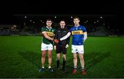 3 January 2024; Team captains Graham O'Sullivan of Kerry, left, and Paudie Feehan of Tipperary shake hands in the company of referee James Regan before the McGrath Cup Group A match between Kerry and Tipperary at Austin Stack Park in Tralee, Kerry. Photo by Brendan Moran/Sportsfile