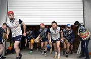 4 January 2024; The New York team make their way onto the pitch led by Darragh Moran, left, before the Connacht Hurling League semi-final match between Galway and New York at University of Galway Connacht GAA AirDome in Bekan, Mayo. Photo by Tyler Miller/Sportsfile