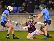 4 January 2024; David Williams of Westmeath in action against Eddie Moran, left, and James Madden of Dublin during the Dioralyte Walsh Cup Round 1 match between Dublin and Westmeath at Parnell Park in Dublin. Photo by Sam Barnes/Sportsfile