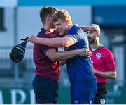 5 January 2024; Evan O'Connell of Ireland and Conor O'Tighearnaigh of Leinster embrace after the Challenge Match between Ireland U20s and Leinster Development at Energia Park in Dublin. Photo by Harry Murphy/Sportsfile