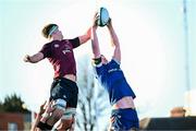 5 January 2024; Conor O'Tighearnaigh of Leinster wins possession in the lineout against Joe Hopes of Ireland during the Challenge Match between Ireland U20s and Leinster Development at Energia Park in Dublin. Photo by Harry Murphy/Sportsfile