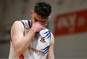5 January 2024; Jordan Blount of Neptune reacts after being fouled out during the Basketball Ireland Pat Duffy National Cup semi-final match between Energywise Ireland Neptune and UCC Demons at Neptune Stadium in Cork.  Photo by Eóin Noonan/Sportsfile