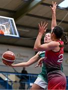 6 January 2024; Aine O'Connor of Liffey Celtics in action against Shannon Brady of Fr Mathews during the Basketball Ireland Pat Paudie O'Connor Cup semi-final match between FloMAX Liffey Celtics and Catalyst Fr. Mathews at Neptune Stadium in Cork. Photo by Eóin Noonan/Sportsfile