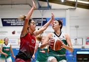 6 January 2024; Alexandra Navarette of Liffey Celtics in action against Grainne Dwyer of Fr Mathews during the Basketball Ireland Pat Paudie O'Connor Cup semi-final match between FloMAX Liffey Celtics and Catalyst Fr. Mathews at Neptune Stadium in Cork. Photo by Eóin Noonan/Sportsfile