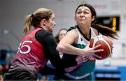 6 January 2024; Alexandra Navarette of Liffey Celtics in action against Niamh Dwyer of Fr Mathews during the Basketball Ireland Pat Paudie O'Connor Cup semi-final match between FloMAX Liffey Celtics and Catalyst Fr. Mathews at Neptune Stadium in Cork. Photo by Eóin Noonan/Sportsfile