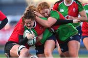 6 January 2024; Méabh Deely of Clovers, centre, supported by teammate Niamh O’Dowd, right, during the Celtic Challenge match between Clovers and Brython Thunder at Energia Park in Dublin. Photo by Seb Daly/Sportsfile