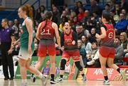 6 January 2024; Niamh Dwyer of Fr Mathews, right, celebrates with teammate Shannon Brady after the Basketball Ireland Pat Paudie O'Connor Cup semi-final match between FloMAX Liffey Celtics and Catalyst Fr. Mathews at Neptune Stadium in Cork. Photo by Eóin Noonan/Sportsfile