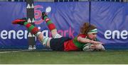 6 January 2024; Ruth Campbell of Clovers scores her side's second try during the Celtic Challenge match between Clovers and Brython Thunder at Energia Park in Dublin. Photo by Seb Daly/Sportsfile