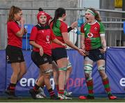 6 January 2024; Ruth Campbell of Clovers, right, celebrates after scoring her side's second try during the Celtic Challenge match between Clovers and Brython Thunder at Energia Park in Dublin. Photo by Seb Daly/Sportsfile