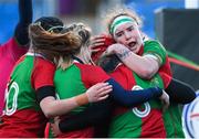 6 January 2024; Sadhbh McGrath of Clovers, second from right, celebrates with teammates, including Ruth Campbell, right, after scoring their side's third try during the Celtic Challenge match between Clovers and Brython Thunder at Energia Park in Dublin. Photo by Seb Daly/Sportsfile