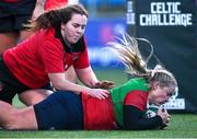 6 January 2024; Sadhbh McGrath of Clovers scores her side's third try during the Celtic Challenge match between Clovers and Brython Thunder at Energia Park in Dublin. Photo by Seb Daly/Sportsfile